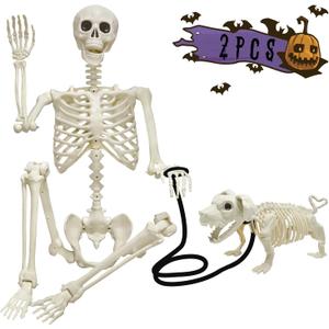 Lukbera Life Size Posable Skeleton Decoration, Full Size Plastic Human Bones with Dog Skeleton, 5.4ft Movable Joints for Haunted House Graveyard Decor