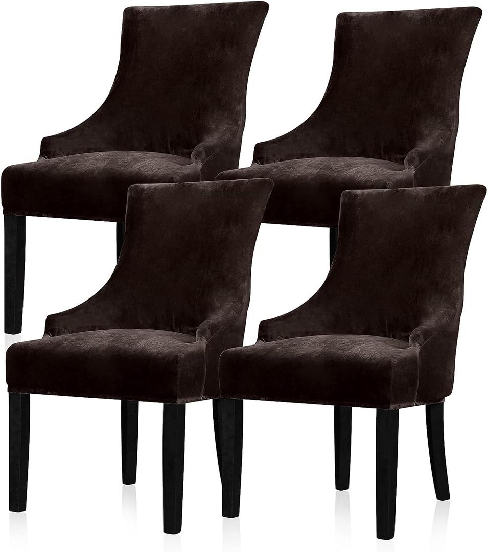 Lellen Velvet Stretch Wingback Chair Cover Slipcover - Reusable Protector Cover for Dining Room Banquet Home Decor etc Machine Washable Hand Washable (Set of 4, Brown)