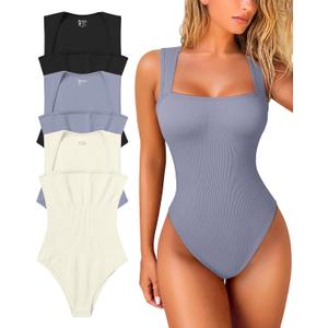 OQQ Women's 3 Piece Bodysuits Sexy Ribbed Strappy Square Neck Sleeveless Tummy Control Tank Tops Bodysuits (Medium, Blues,beige,black)