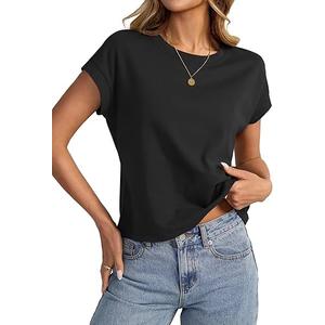 Womens Cap Sleeve Crop Tops Cotton T Shirts Crewneck Loose Fit Short Sleeves Tee Summer Fashion Clothes 2025 L