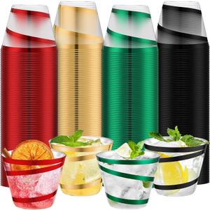 Gejoy 9 oz Rimmed Swirl Plastic Cups Disposable Wine Drinking Cups Clear Elegant Graduation Tumblers for Mother's Day Wedding Party Supplies(100 Pcs,Black, Green, Red, Gold)
