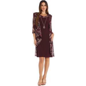 R&M Richards 2PC Printed Paisley Knit Flyaway Jacket with Solid Dress and Attached Necklace (20 Plus)