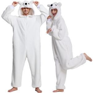 Unisex Adult Onesie Pajamas Animal Cosplay Halloween Costume One Piece Plush Sleepwear Homewear (Medium, White Bear)