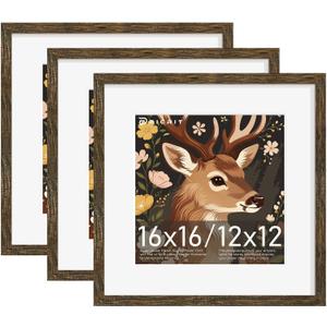16x16 Rustic Brown Picture Frame, Poster Frame for Wall, 3 Pack | Fits 12x12 Photos With Mat or 16x16 Without Mat, Square Wall Display, Artwork, Gallery Wall & Home Decor