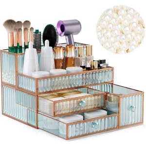 Makeup Organizer Countertop - Tempered Glass Vanity Organizer for Cosmetics, Skincare, Hair Tools, Brushes, Perfume - Multipurpose Bathroom Counter Skincare Organizer
