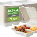 Jaluxing [8X8 3-Compartment 75-Pack Bio Natural Clamshell Take Out Food Containers with Lids, Disposable Bagasse Togo Boxes, Eco-Friendly Biodegradable Made of Sugar Cane Fibers