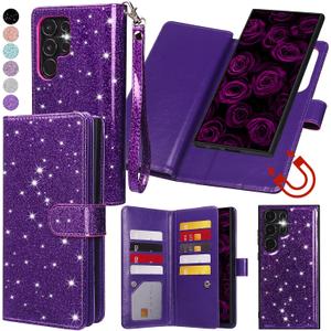 Varikke for Samsung Galaxy S24 Ultra Wallet Case Detachable with RFID Blocking Card Holder for Women, Glitter PU Leather Strap Wrist Magnetic Flip Wallet Removable Phone Case Cover 6.8", Dark Purple