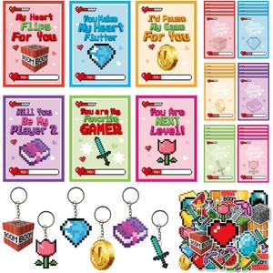 90 Pcs Birthday Party Supplies, Pixel Miner Style Stickers and Cards School Classroom with Key Chain