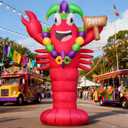 DomKom 12FT Mardi Gras Inflatable Lobster Crawfish, Carnival Giant Jumbo Crayfish with Beads Jester Hat and Fleur De Lis Blow up Yard Decoration, Outdoor Built-in LED Lights Lawn Holiday Decor Outside