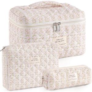Makeup Bag for Women 3PCS Quilted Cotton Make Up Bag Travel Cosmetic Bag Large Makeup Bag Set Cute Makeups Organizer Floral Toiletry Pouch for Purse, Pink Floral C