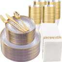 DaYammi 350PCS Clear Gold Plastic Dinnerware Set for 50 Guests, Hammered Disposable Plates for Party, Include: 50 Dinner Plates, 50 Dessert Plates, 150 Gold Silverware, 50 Napkins, 50 Cups