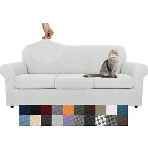 YEMYHOM Latest Checkered 4 Pieces Couch Covers for 3 Cushion Couch High Stretch Thickened Sofa Cover for Dogs Pets Elastic Slipcovers Living Room Furniture Protector (Ivory), 71"-91"(3 Cushions)