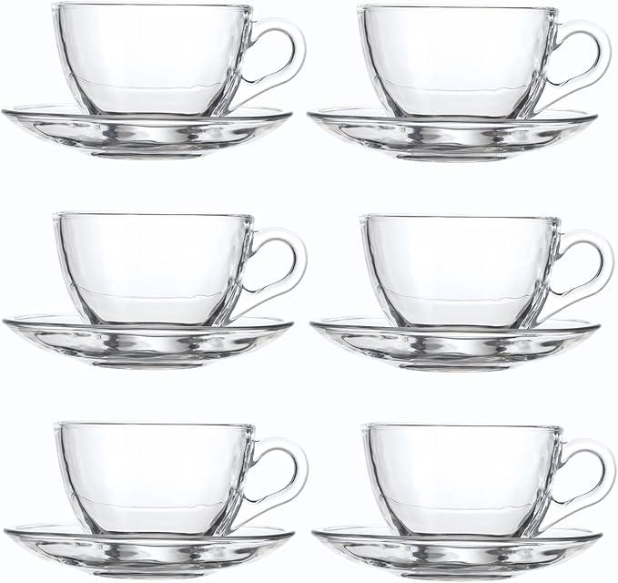 GURUDAR Glass Teacup and Saucer Set, 6 Pack Coffee Mug with Stainless Steel Spoon Suitable for Espresso Juice Cappuccino and More Beverage, 7OZ/210ML, Clear