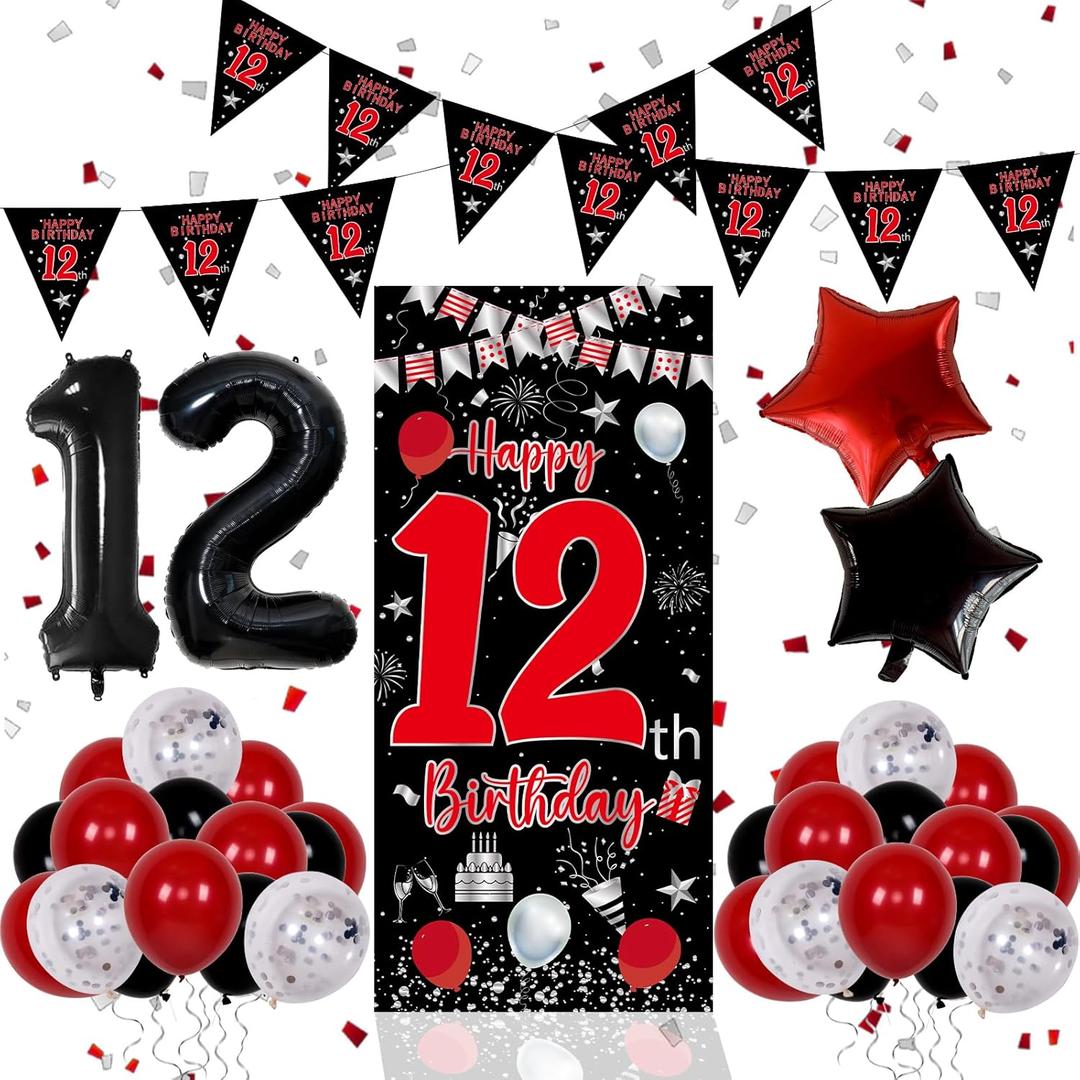 12th Birthday Decorations Boy, Red Black Happy 12th Birthday Decorations for Boys Girls, 12 Year Old Birthday Door Banner, Triangle Flag, Large Number 12 Balloons Decor Boy Twelve Bday Party Supplies