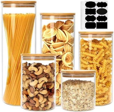 Airtight Glass Jars with Bamboo Lids, Glass Food Storage Containers Set - Set of 4 Kitchen Canisters for Sugar, Candy, Cookie, Rice and Spice Jars