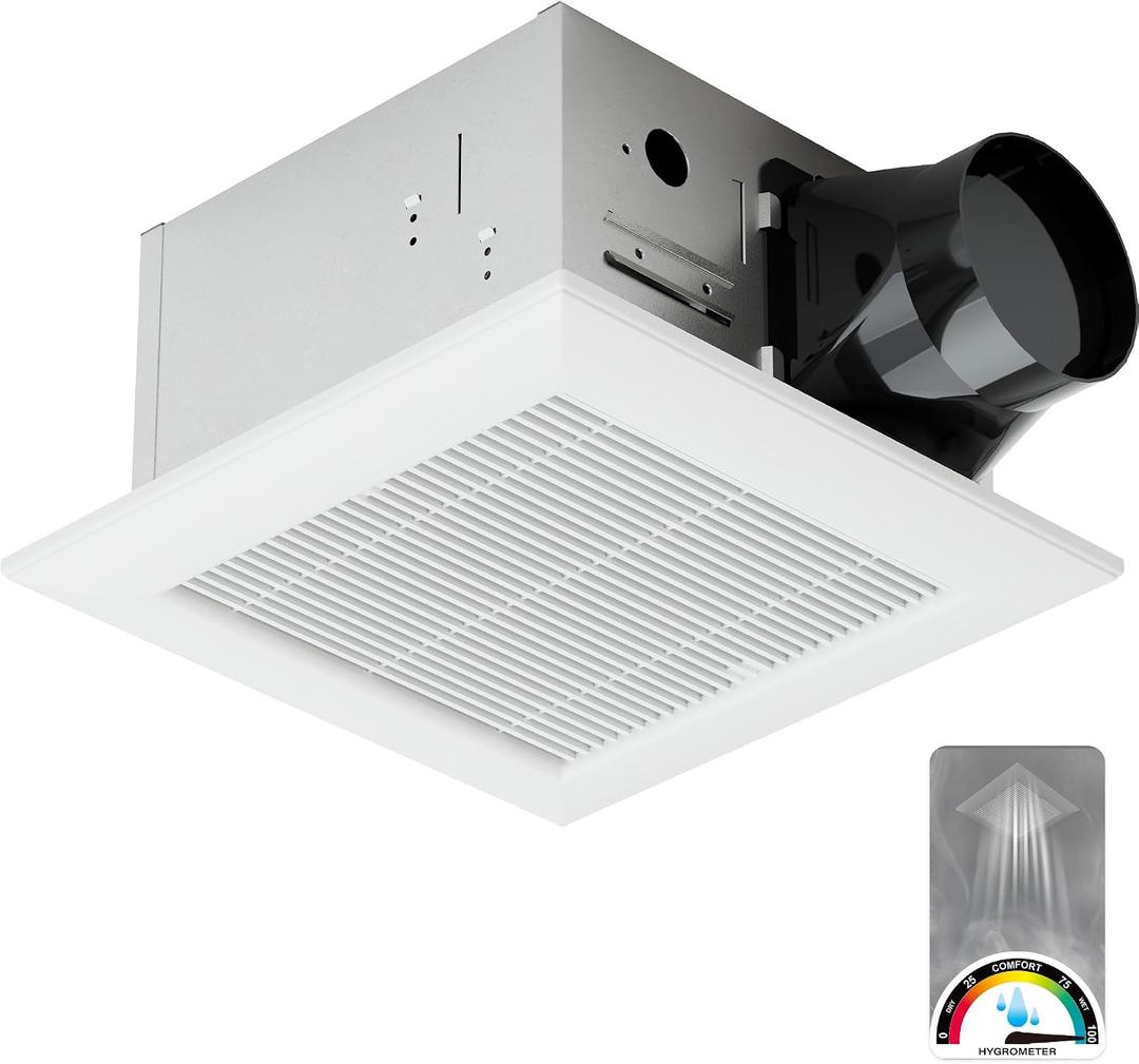 Bathroom Exhaust Fan with Humidity Sensor: 100CFM Ventilation Fan for Bathroom and Home, Auto-Adjusts for Moisture Control, Ultra-Quiet 1.2 Sones, Dimmable & Wet Rated, ETL Certified, 100 CFM with Grille & Humidity Sensor
