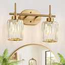 Modern Crystal Bathroom Vanity Light, 2-Light Brushed Gold Bathroom Light Fixtures with Clear Shades, Vanity Lighting Fixtures Over Mirror (Exclude Bulb)