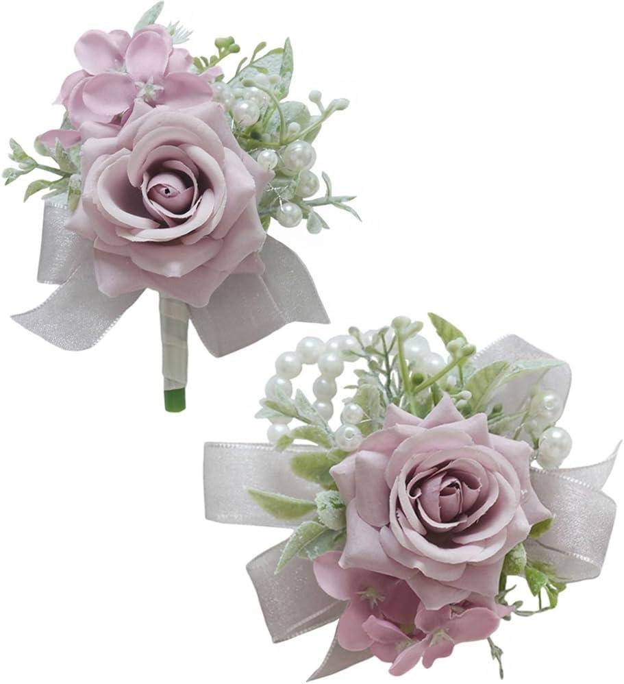 MAFELOE 2 Pieces Boutonniere Corsage Set, Artificial Flowers for Groom Groomsmen Bride Bridesmaids Wedding Prom Party Suit Decor-Pale Pink Purple (M4-Y1-JM)