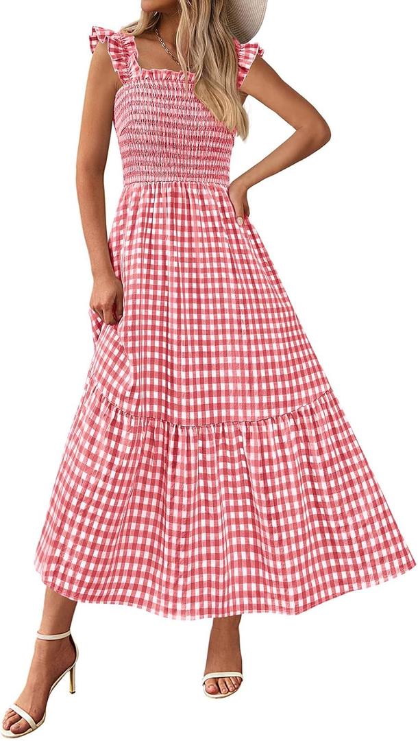 PRETTYGARDEN Womens Summer Dress Casual Square Neck Ruffle Strap Gingham Smocked Midi Flowy A Line Beach Vacation Sun Dresses (Medium, Wine Red)