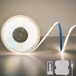 OMIKA COB LED Light Strip, 6.56FT 640LED 4000K Natural White Battery Powered LED Strip Lights with Remote Control Timer Dimmable Flexible Cuttable Tape Light for Cabinet Shelves Desk Bedroom