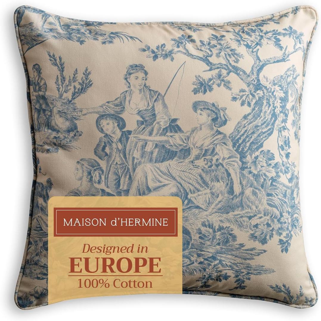 Maison d' Hermine Decorative Pillow Covers 18 x 18 Inch Square 100% Cotton Throw pillow Covers with invisible Zipper Cushion Case for Living Room Couch, Chair, Sofas, Bedroom, Home (The Miller - Blue)