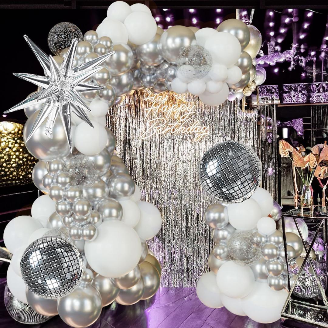 Disco Party Balloon Garland Arch Kit 134 Pcs Metallic Silver Matte White Confetti Balloons Disco balls for Adult Birthday Dancing Decor Graduation Party New Year Eve 2026 NYE Decoration