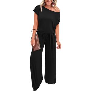 KIRUNDO Womens Jumpsuit 2026 Casual Summer Loose One Piece Off Shoulder Elastic Waist Wide Leg Long Romper with Pockets (X-Large, Black)