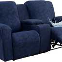 Gennia Waterproof Recliner Loveseat Cover with Console 6 Pieces, Jacquard 2 Seat Recliner Covers with Pockets Stretch Reclining Loveseat Slipcovers Furniture Protector (2 Seat with Console, Navy Blue)