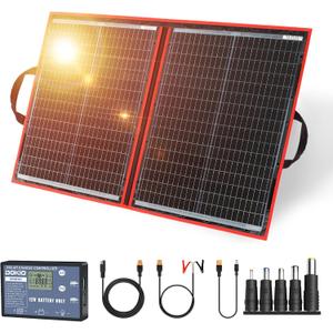 DOKIO 110W 18V Portable Solar Panel Kit Folding Solar Charger with 2 USB Outputs for 12v Batteries/Power Station AGM LiFePo4 RV Camping Trailer Car Marine