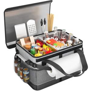 HULISEN Large Grill Caddy with Lid and Paper Towel Holder, BBQ Caddy for Outdoor Grill, Insulated Foldable Barbecue Picnic Caddy for Plates, Utensils, Camping Supplies, Travel or RV, Camper Must Haves