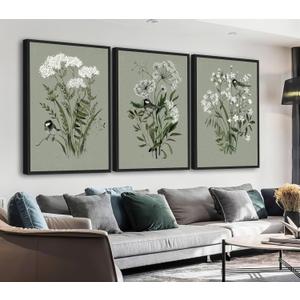 Vibrant Flowers Canvas Wall Art - White Floral Framed Wall Decor Aesthetic Spring Pictures Botanical Paintings Sage Green Art Prints for Living Room Bedroom Dining Room 16" X 24" X 3 Panels