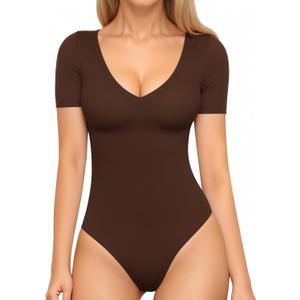 MANGOPOP Women's Short Sleeve Bodysuit Sexy V Neck Body Suit Fitted Going Out Tops(Coffee, X-Small)