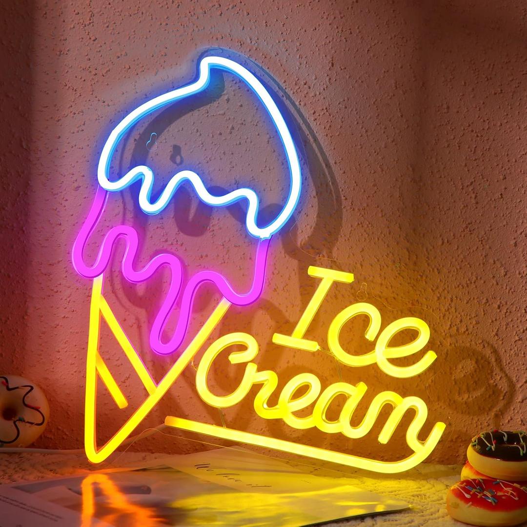 Hoteam Ice Cream Neon Sign Ice Cream Light Neon Sign LED USB Yellow Blue Pink Light up Decor for Business Store Bedroom Bar Cafe Shop Windows Decorations