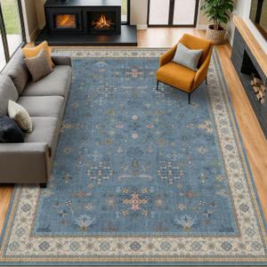 Boho 9x12 Soft Rugs for Living Room - Dark Blue Rugs for Bedroom Aesthetic, Dining Room Under Kitchen Table, Washable Soft Non Slip Large Area Eclectic Unique Dcor