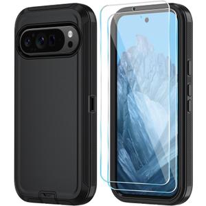 Qinmay Phone Case for Google Pixel 9/9 Pro Case with HD Screen Protector, Heavy Duty Shockproof & Dropproof 3-Layer Cover Phone Case for Pixel 9/9 Pro,Black