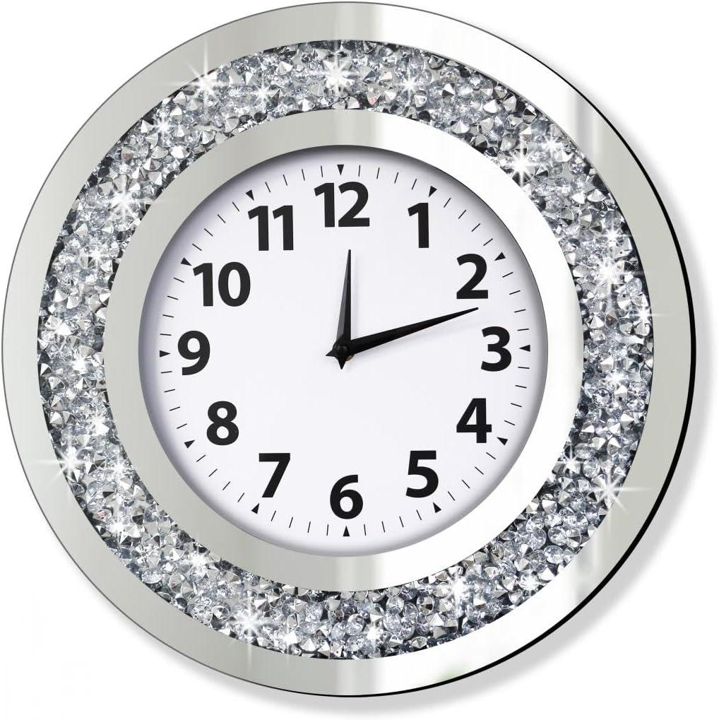 DMDFIRST Crystal Crushed Diamond Mirrored Wall Clock, 16x16 Inch Silver Glass Round Decorative Clock, Silent Quartz Movement (No Second Hand), Modern Sparkle Home Decor (AA Battery Not Included), Large
