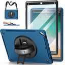 Case for iPad Pro 12.9 2nd Generation 2017& 2015 1st Generation, Heavy Duty TPU Protective Cover with Screen Protector- 360 Rotatable Stand + Handle Hand & Shoulder Strap + Pencil Holder- Blue