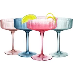Ribbed Coupe Glasses 4Pcs Mixed Colors, Cocktail Glass, Vintage Martini Glasses, Ribbed Coupe Glasses, Ideal for Cocktail, Champagne