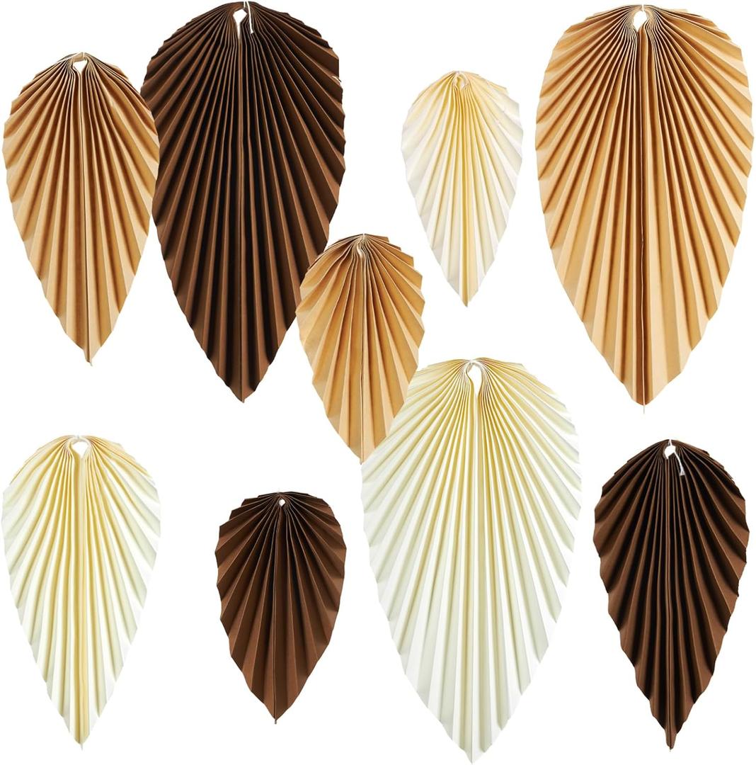 SUNBEAUTY Boho Paper Fans Party Decorations Paper Leaves for Decoration Natural Party Decorations Paper Fans Classroom Decoration Paper Fans Backdrop Decor Brown Birthday Decorations, Set of 9