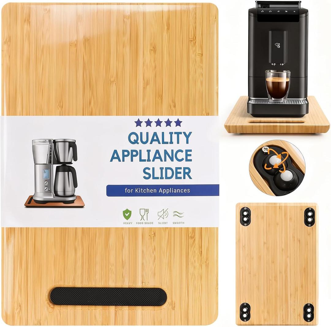 Fullin 360Appliance Slider, Bamboo Sliding Tray for Coffee Maker, Appliance Sliding for Kitchen Appliances Countertop Slides Easily from Under The Cabinet Rolling Tray with 360Rotation Rubber Wheels (9.5"W x 14"D)