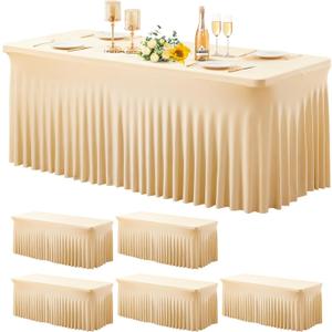 6 Pack Champagne Spandex Table Clothes for 6 Foot Rectangle Tables, 6FT Wrinkle Free Fitted Tablecloths Ruffles Design Table Cover for Party, Banquet, Wedding and Events