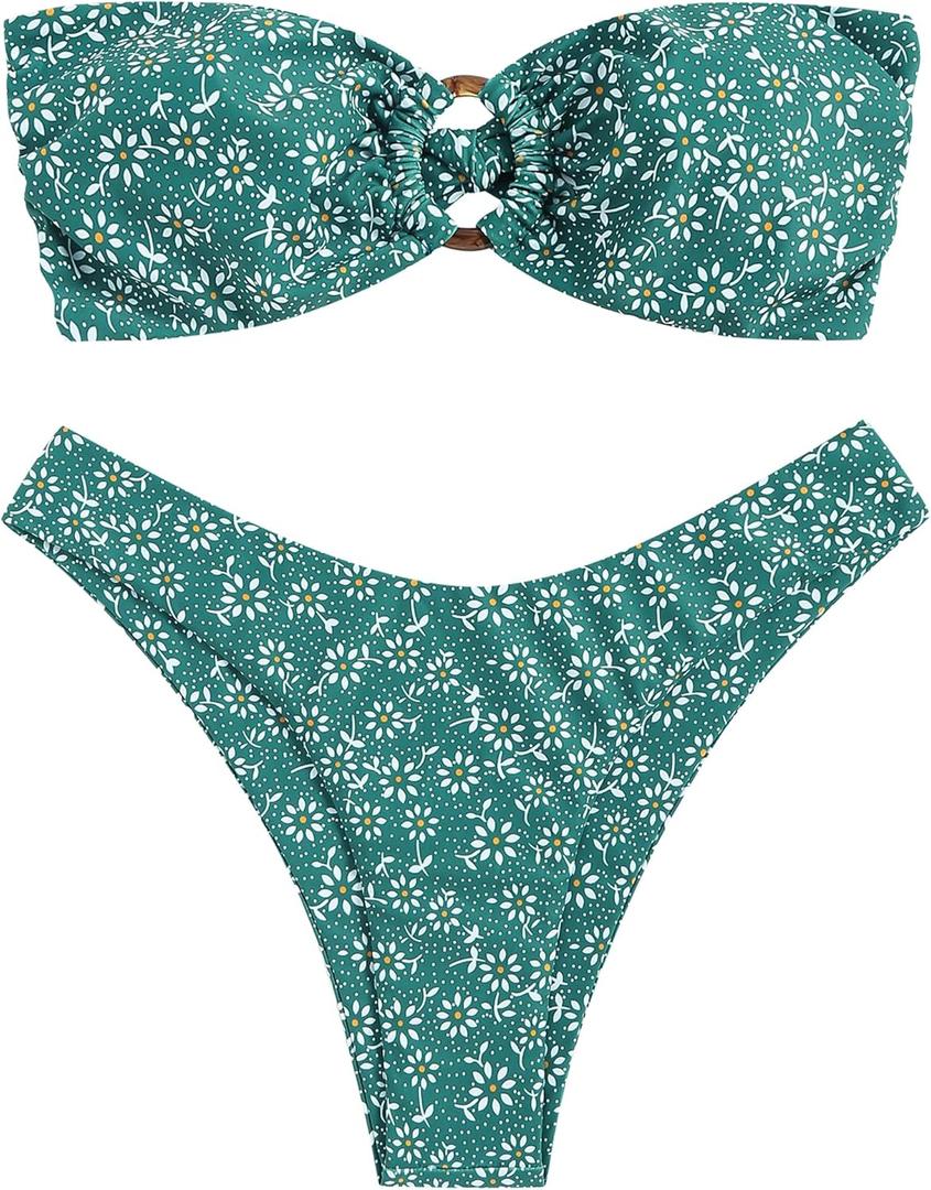 ZAFUL Women's Bandeau Bikini O Ring Strapless Tie Back High Cut Two Piece Swimsuit Bathing Suits (5-Floral Green, S)