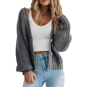 PRETTYGARDEN Women's Chunky Knit Open Front Sweater Long Sleeve Button Loose Short Cardigan Outerwear Coats (Large, Grey)
