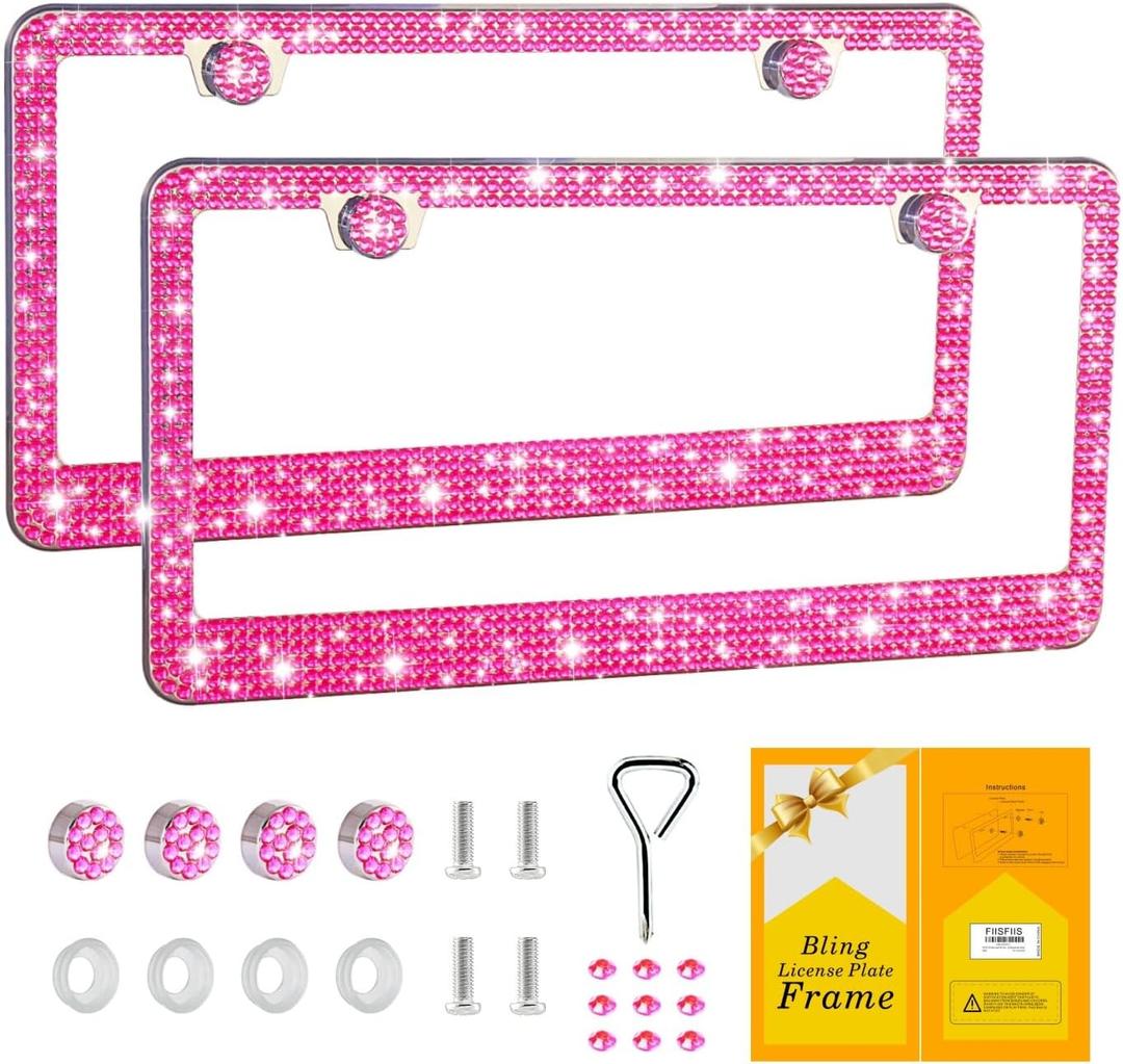 Bling License Plate Frame for Women,2 Pack Premium Stainless Steel Rhinestone Car License Plate Holder,Handmade Glitter Crystal Diamond Lincense Plate Cover,Bedazzled Sparkly Caps-Pink