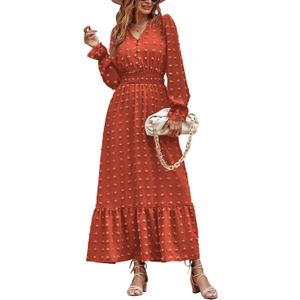 MASCOMODA Women Maxi Dress 2025 Fall Long Sleeve V Neck Swiss Dot Boho Smocked High Waisted A-Line Tiered Flowy Long Dresses (M)