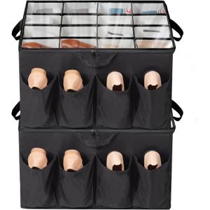 Shoe Organizer for Closet, Shoe Storage Solution with Clear Cover & Adjustable Dividers, Fabric Shoe Box Fits 16 +8 Pairs Shoes, Black, 2-Pack
