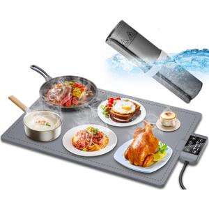 Waterproof Electric Food Warming Mat, Food Grade Silicone Warming Tray with 17 Temp Setting and 6 Hours Timer, Full Surface Warming Mat for Food, Roll Up Food Warmer Mat for Parties (Dark Gray)