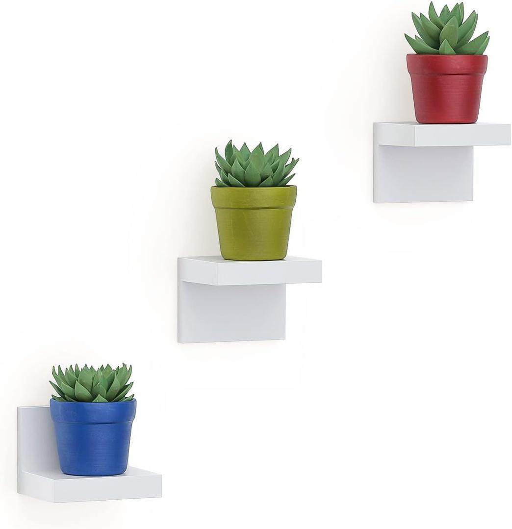 RICHER HOUSE 3-Pack Small Floating Shelves for Wall, 4 Inch Plastic Display Ledges for Mini Decor, Compact Style Small Wall Shelf with 2 Types of Installation (White - 3 Pcs)
