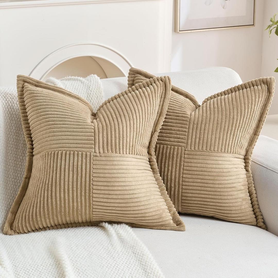 HAUSSY Khaki 2 Pack 20x20 Inch Corduroy Decorative Throw Pillow Covers Boho Natural Solid Striped Cushion Cover Modern Farmhouse Home Decor for Couch Living Room Sofa Bed