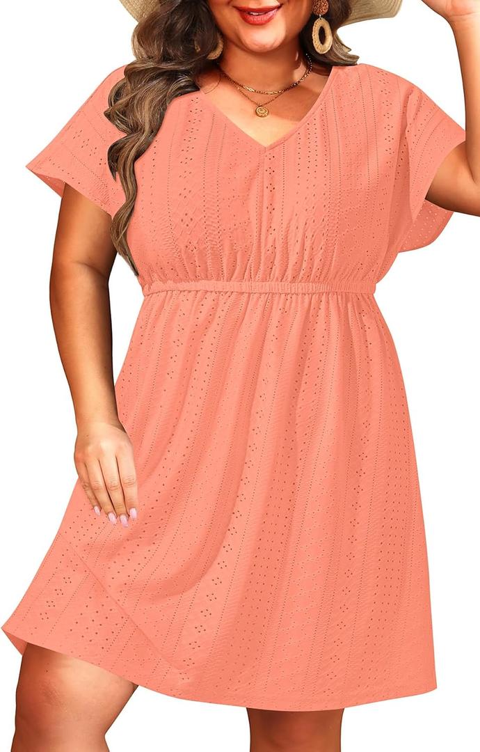 Pinup Fashion Plus Size Swimsuit Cover Up Women - Hollow Out V Neck Beach Dress Coverups (Orange, 14 PLus)